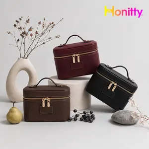 HONITTY Women's Leather Makeup Case - Large Capacity Waterproof Wipe-Clean Zip Bag with Removable Divider, Portable Travel Toiletry Organizer for Makeup Products, Grab-and-Go Functional Bag