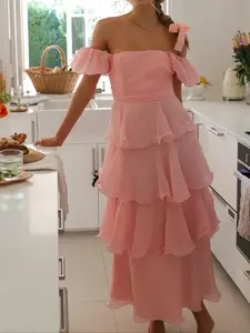 Women's Elegant Cake Dress Bubble Sleeves Wooden Trim, High-Quality Cute Sweet School Style, Fitted Short Sleeve Plain Dress