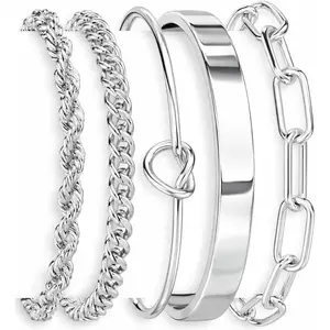 Sterling Silver Cuff Bangle Bracelet Set for Women Non Tarnish, Silver Chunky Cuban Link Chain Heart Love Infinity Tie Knot Paperclip Beaded Twist Rope Silver Bracelets Fashion Jewelry Gifts Set