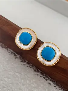 New Square Natural Shell Turquoise Stud Earrings Simple Retro High End Small Luxury Vintage Elegant Jewelry