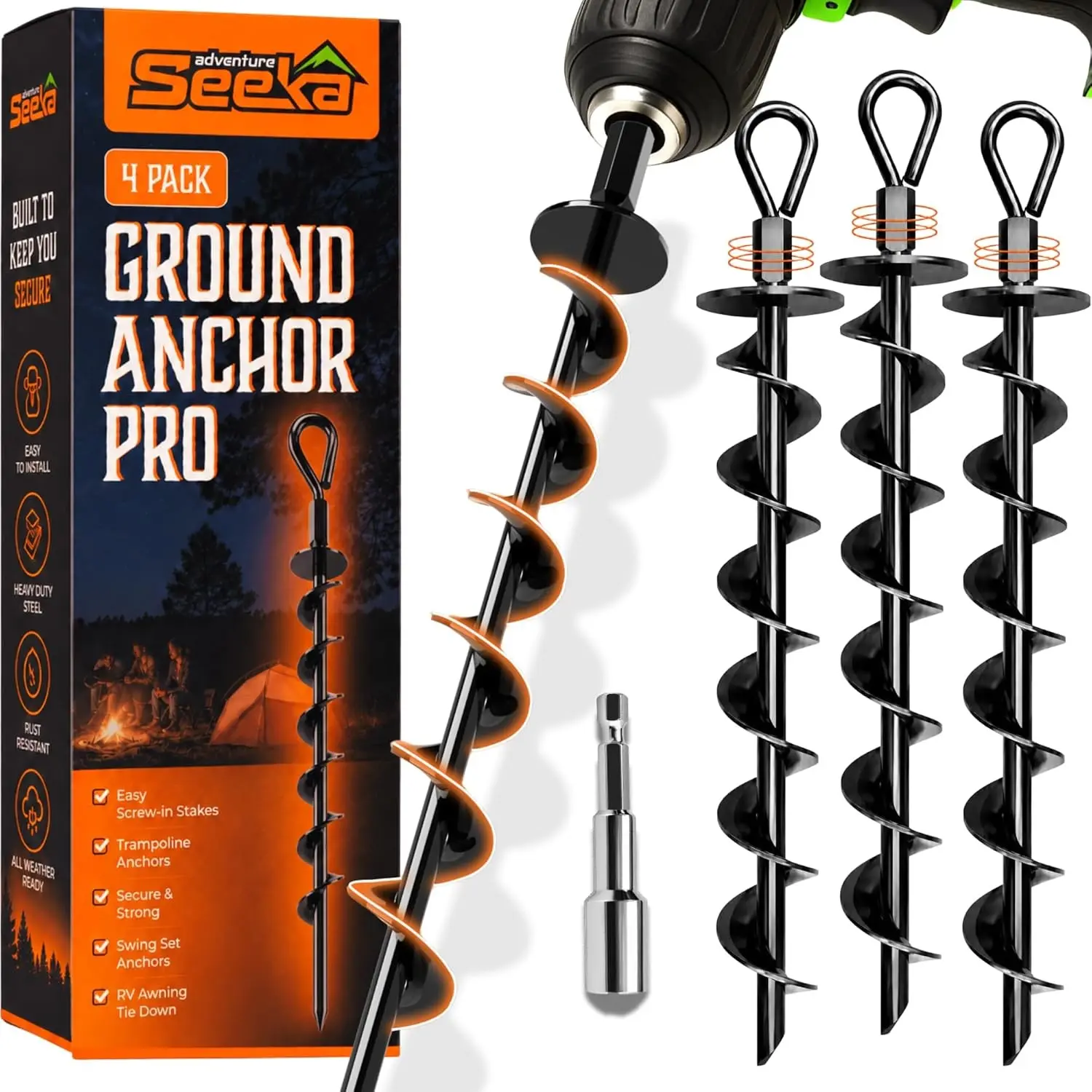 Ground Anchors Screw in Heavy Duty - 4 Pack with Power Nut Driver Drill Bit, Spiral Ground Stakes, Swing Set Anchors, Trampoline Tie Down Kit, High Wind Tent Stakes for Canopy, Car Port, RV Awning
