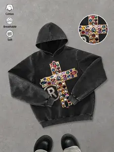 Jeweled Cross Hoodie, Casual Fitted Sweatshirt, Graphic Hoodies, Distressed black cotton design with a blinged-out multi-color gem cross graphic, soft, breathable. Perfect for Streetwear glamour, statement fits, Athleisure rotation