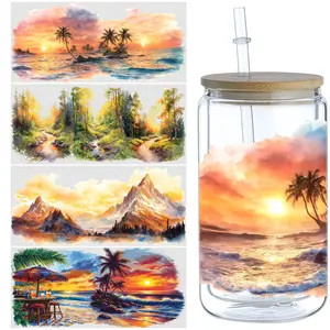5 sheets Summer Sunset UV DTF cup packaging for 16oz glass cup, waterproof UV DTF stickers for 16oz glass cup, DIY, furniture, crafts