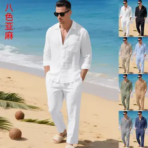 European American New Men Linen Lapel Long Sleeve Shirt Pants Set Breathable Beach Vacation Casual Outfit