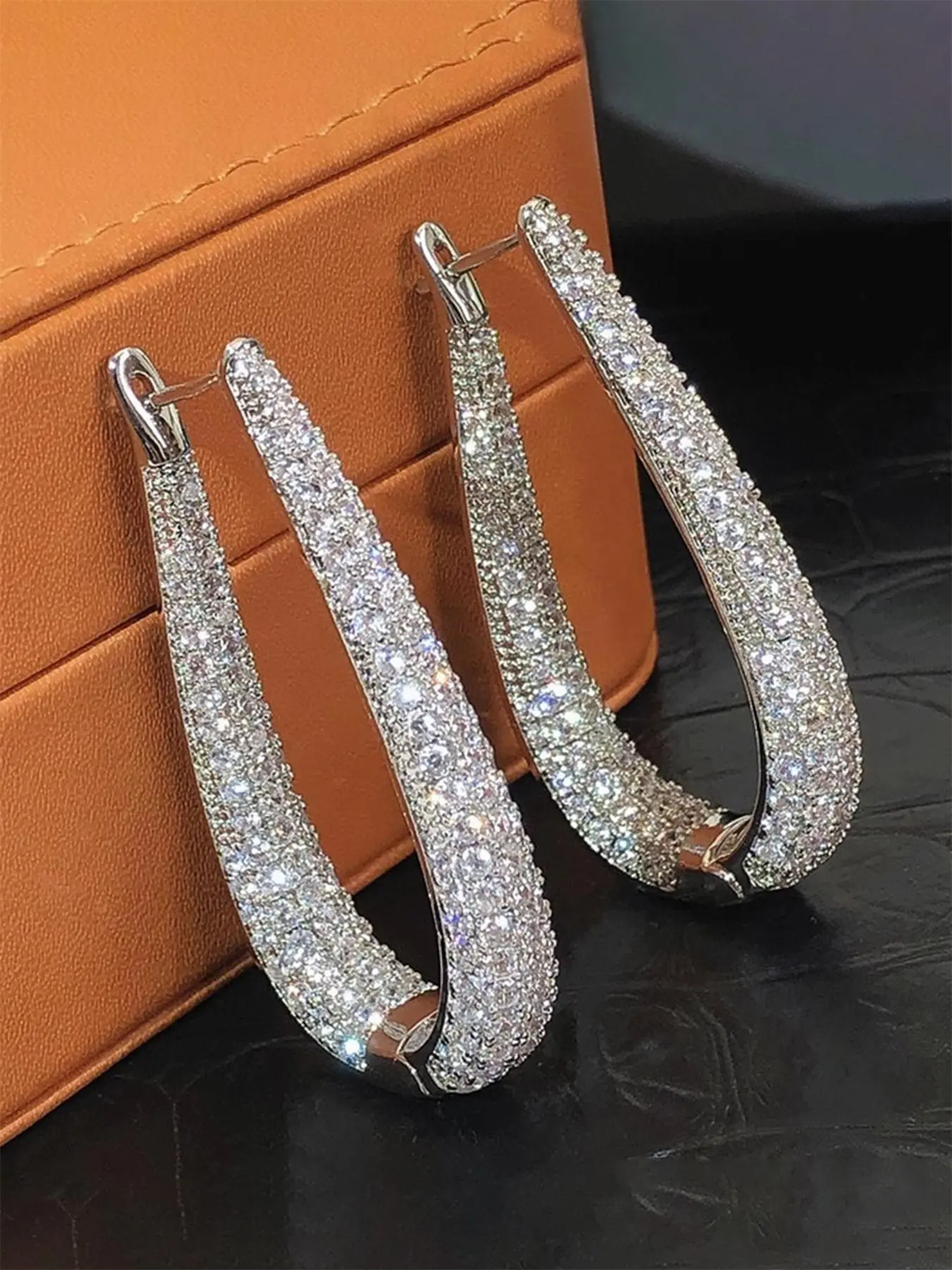 Rhinestone Decorated Hoop Earrings, Bling Stylish Accessory, Shining Earrings, Jewelry for Women for Party, Daily Clothing Decor, Copper Earrings