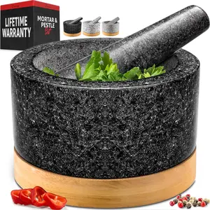 Heavy Duty Mortar and Pestle Set with  Base,   Granite Stone , Guacamole Bowl and Masher, 1.5 Cups, Black