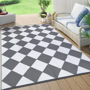 【GARVEE】Outdoor Rug 9x12, Reversible Plastic Straw Mat with Carry Bag, Easy to Clean Checkered Floor Carpet for RV, Patio, Camping, Deck, Picnic(Grey/White)