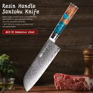 FINDKING 7 Inch Santoku Knife, Japanese Style Knife, 67 Layers Damascus Steel, Razor-Sharp Blade, Luxury Blue Resin Sapele Wooden Handle, Professional Kitchen Knives, Chopping Cutting Slicing Dicing for Fish Meat Vegetable Fruit