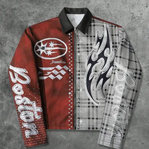 This cropped zip-up jacket, Casual streetwear outerwear, hits 2025 trends: star graphics, "Free Spirited" text, edgy mixed-media design, studded sleeves. Perfect for streetwear, concert OOTDs, or statement layering
