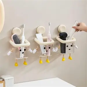 Robot Suction Cup Bathroom Organizer Cartoon Design with Bottom Water Outlet Wall Mounted Toothbrush Holder for Sundries Storage Minimalist Waterproof and Durable