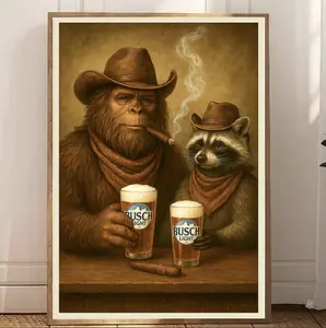 Bigfoot & Raccoon light one up and pop a brew print, Vintage Animal Poster, Funky Western  Art, Cabin Room Decor, Gift for Men Dad Father's Day Retro Decoration Artistic Ornaments Photo posters  decor Black White Ace of Hearts Posters wall