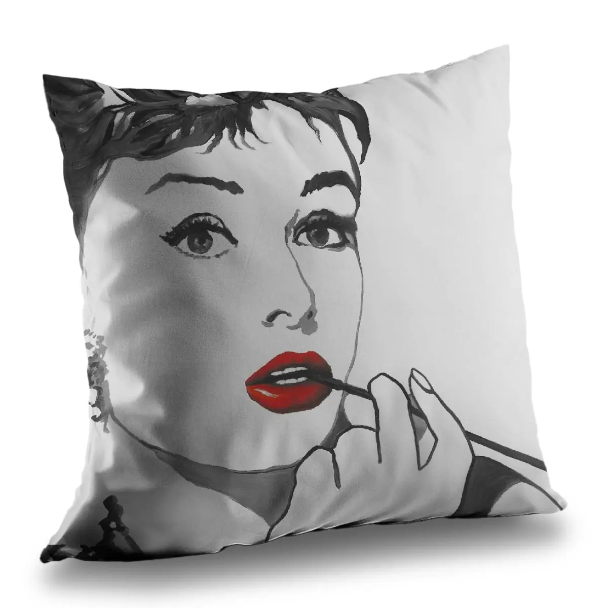 Begin Home Decor C1PT1414CD7OZJ 14x14 in Audrey Hepburn Outline Style Throw Pillow - White Interior Accessory, Glamour Office Decor, Ideal Gift
