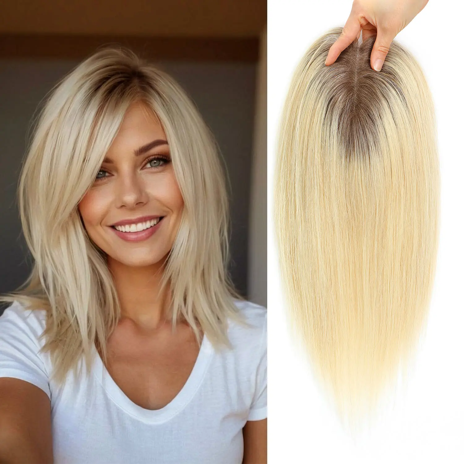 Vasilia Crown Human Hair Topper for Women, 14in Silky Straight 4t6/613# Rooted Melt Ashy Light Blonde Balayage, 5.9×5.1in Breathable Base, Ideal for Thinning Locks & Bald Patches, Toppers, Natural Root Look, Women's Fashion, Straight Cut
