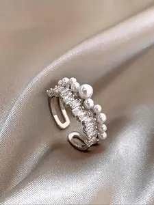 Elegant Women's Copper Ring with Imitation Pearl, Luxurious Synthetic Cubic Zirconia, Open Design, Perfect for Parties