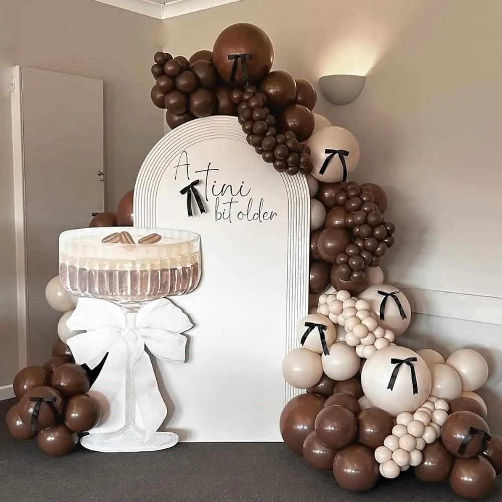 A Tini Bit Older Martini Balloon Garland Arch Kit, 146 count Brown Coffee Sand White Balloons with DIY Bow Ribbon for Girls Women Bachelorette Espresso Martini Themed Party Decorations
