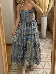Boho Vintage Patchwork Leopard Print Halter Dress, Loose High-Waisted Slim Fit, Elegant Lazy Style Vacation Casual Fairy Dress