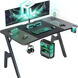 55 Inch Gaming Desk, Large Computer Desk Gaming Table with Cable Management, Ergonomic Carbon Fiber Gamer Table Pc Work Home Office Desks with Cup Holder & Headphone Hook & Mouse Pad, Black