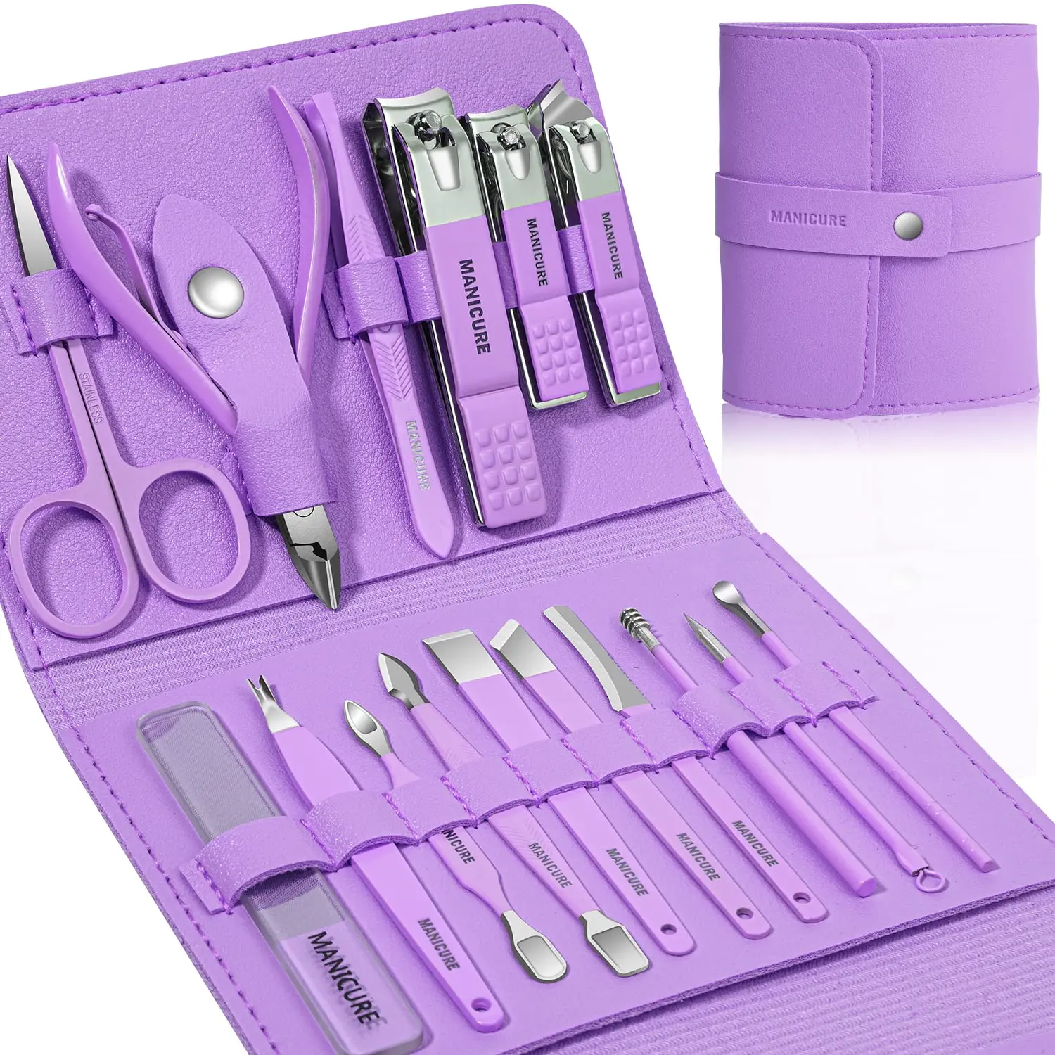 16-Piece Nail Care Set, Professional Manicure & Pedicure Grooming Kit with Stainless Steel Tools for Thick Nails, Includes Leather Travel Case for Men & Women