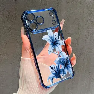 Blue Lily Grace Pattern Four Corner Anti-Fall Phone Case Transparent Electroplated Protective Cover for iPhone 17 16 Pro Max 15 Plus 14 13 12 11 E Air X, can be given as a gift to friends or family