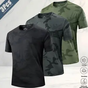 3-pack men’s camouflage quick-dry short-sleeve T-shirts, American street sports casual style, breathable skin-friendly cool-touch fabric that stays fresh and wicks sweat without feeling sticky, classic crew neck design that fits snugly around the neck wit
