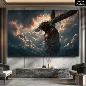 Jesus on the Cross Crown of Thorns Wall Art - Solid Wood Framed Canvas Print with Dramatic Stormy Sky & Crucifixion Scene - Religious Iconography Suitable for Home Church Office Decor, Christmas Gift, 2D Flat, Christmas Decor, Perfect for Room Decor