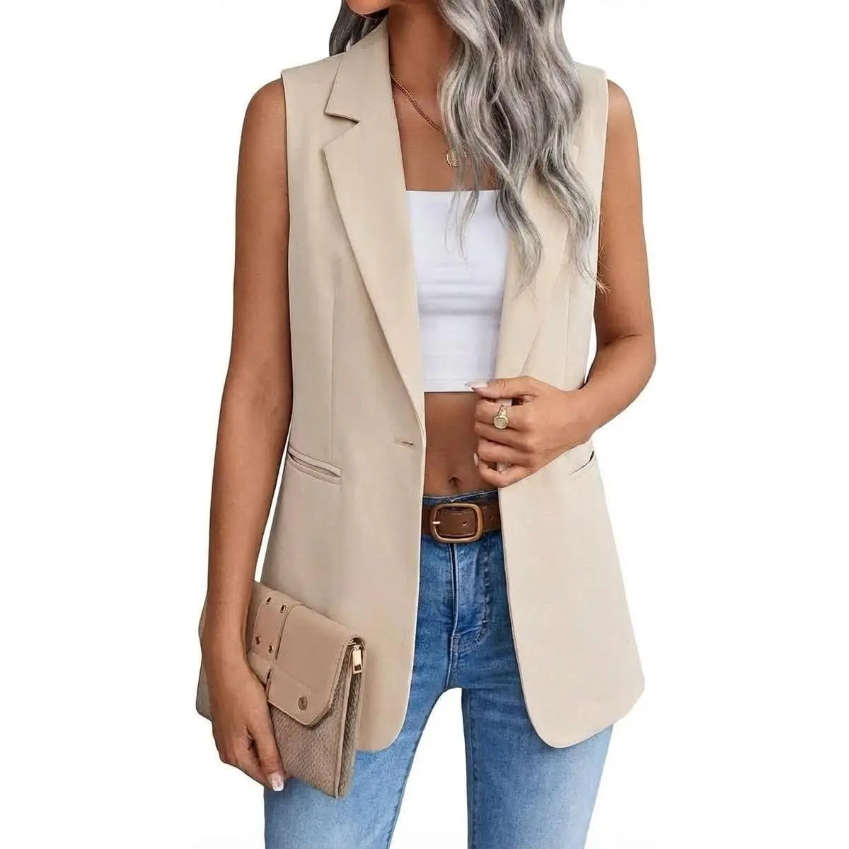 Women's Long Sleeveless Blazer Vest Jacket Tops