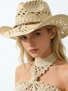 Beach Vibes Western Cowboy Hat, Off- Lattice Straw, Wood Bead Chain Sun Protection, Unisex Large Brim, Breathable Beach Hat