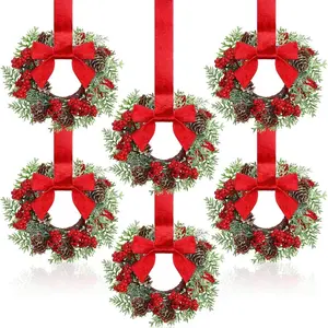6 Piece Mini Christmas Wreath Set with Berries Pinecones and Ribbon Bow, Realistic Leaf Door Window Cabinet Decor, Easy Hang Outdoor Indoor