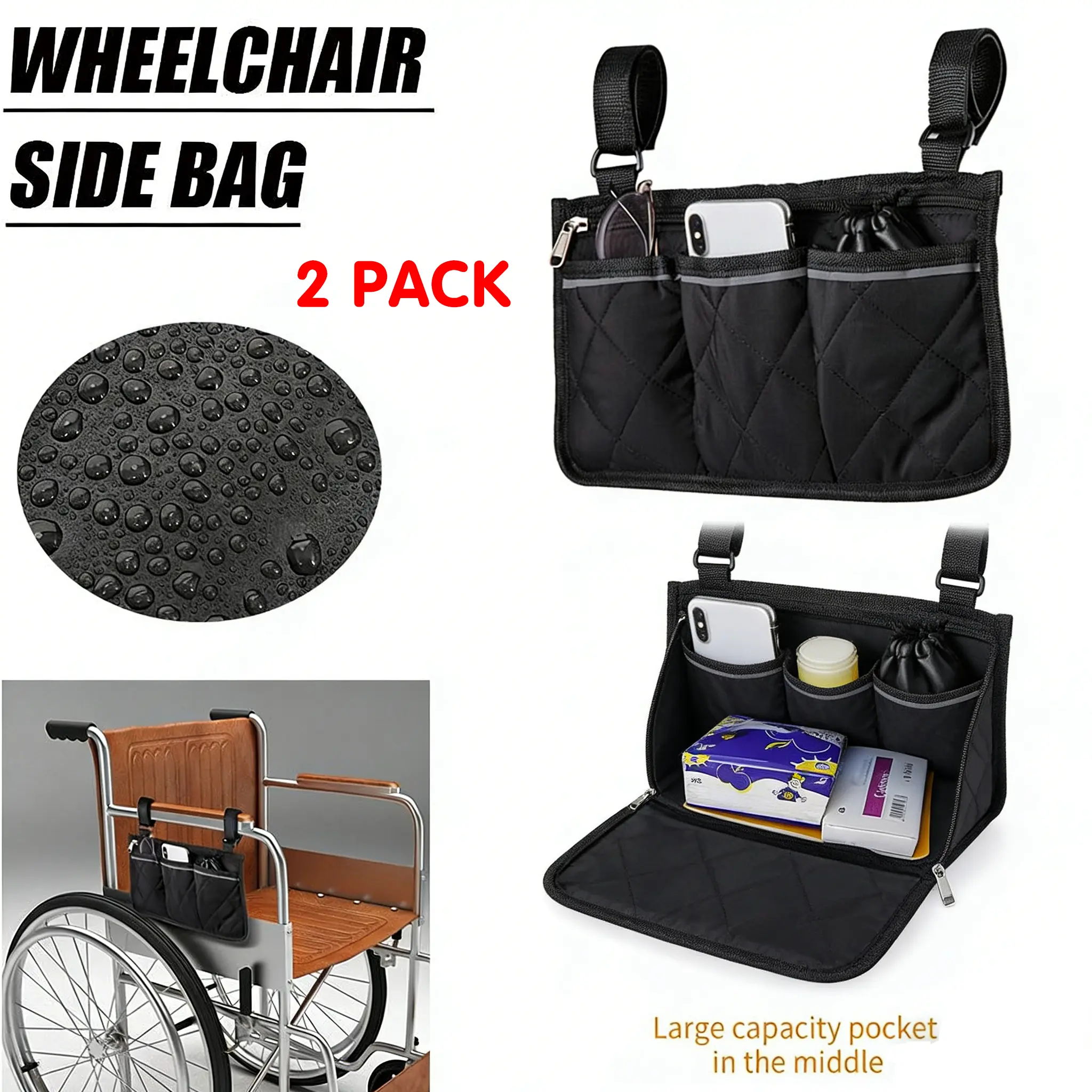2 PCS Wheelchair Side Organizer Bag - Durable Travel Accessory, Polyester Tool Organizer Pouch, Adjustable Multi-Pocket, 12.4 x 8 Inches, Zipper Pull for Storage Organization (Wheelchair, Home Chair Use)