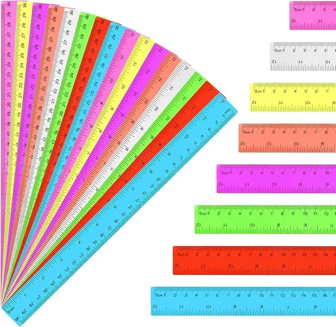 16 Pack Assorted Color Clear Rulers 12 inch, Plastic Ruler Bulks for Classroom, Transparent Metric Rulers for Kids with Inches and Centimeters for School, Home, Office Supplies