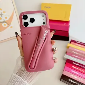For iPhone 16 12 13 14 15 11 Pro Max Plus 17 Fashion Rhode Phone Case Gray Toast Espresso Ribbon Lip Gloss Holder Silicone Cover