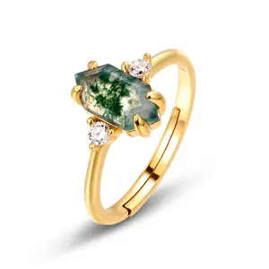 Wholesale 925 Silver Jewelry Retro Gemstone Ring  Hexagon Shape Natural Green Moss Agate Ring Valentine Gift for Girlfriend mossagate jewelry