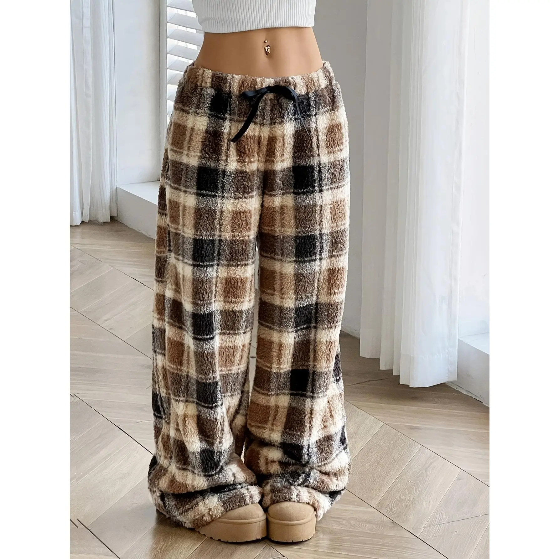 Women's Plaid Flannel Pants, Casual Loungewear in Brown Beige with a Soft Wide-Leg Loose Fit for Autumn/Winter, Mixed Color