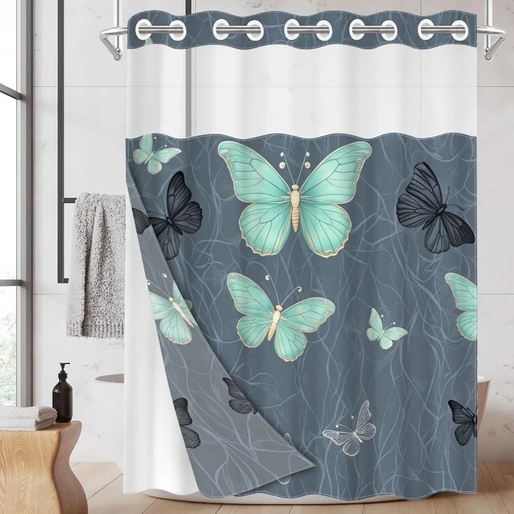 1pc hookless shower curtain with buckle lining, Printed shower curtain, spring blue-green-grey butterfly design 2D flat print, fabric waterproof lining, see-through double-layer shower curtain, 71 x 74 inches, Bathroom Accessory