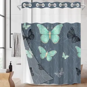 1pc hookless shower curtain with buckle lining, spring blue-green-grey butterfly design 2D flat print, fabric waterproof lining, see-through double-layer shower curtain, Bathroom Curtain, 71 x 74 inches, modern home draping curtain