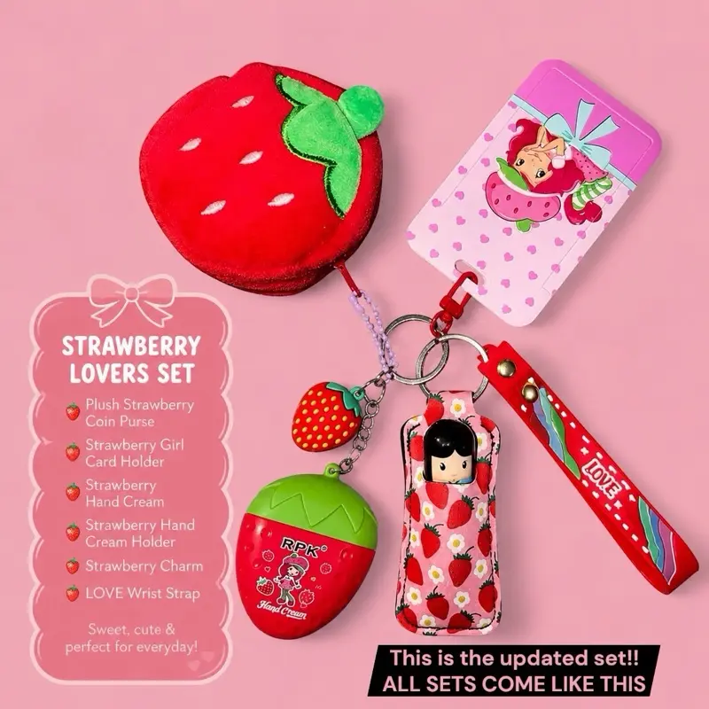 5pc ID Card Holder KeyChain with Strawberry charm Set,Keyring,strawberry lotion,KeyClip,lipstick holder ID Card Holder that fits up to 2 cards,Shortcake girl