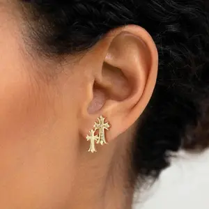 Gold Double Cross Stud Earrings for Women and Men Gold Small Pave Dangling Hypoallergenic Lightweight Accessory