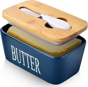 Butter Dish with Lid for Countertop Large Butter Dish Ceramics Butter Keeper Container with Knife and High-Quality Silicone Sealing Butter Dishes with Covers Good Kitchen Gift Blue Utensils