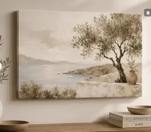 Mediterranean Olive Tree Canvas Art | Neutral Coastal Landscape Painting