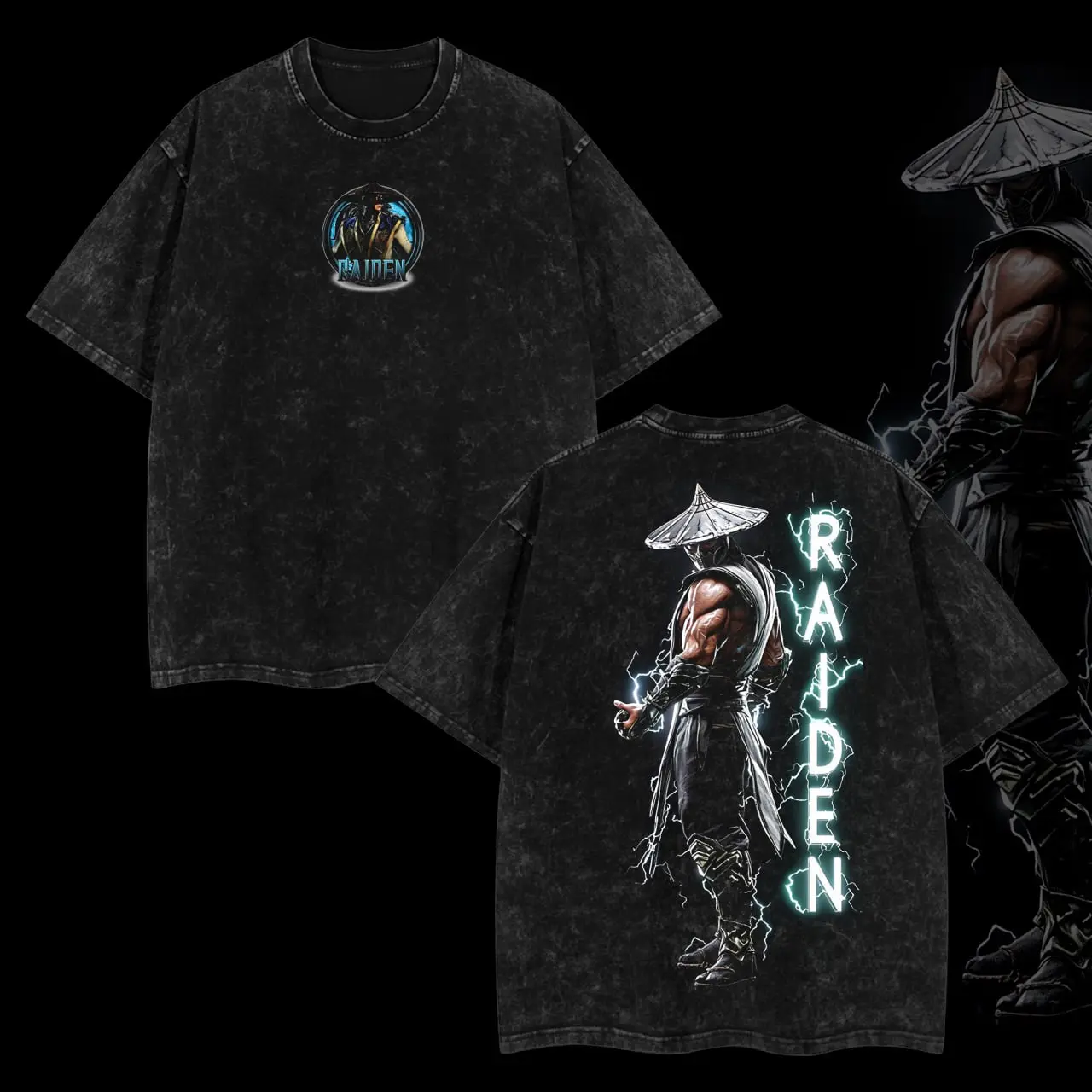 Raiden Double Printed Oversize Lightweight Acid Washed Tee Game Graphic T-Shirt for Men Casual Day Wear Cotton Fabric - Jeans Vintage Gaming Retro Black Tee Oversized Heavyweight Cotton T-Shirts Love Menswear