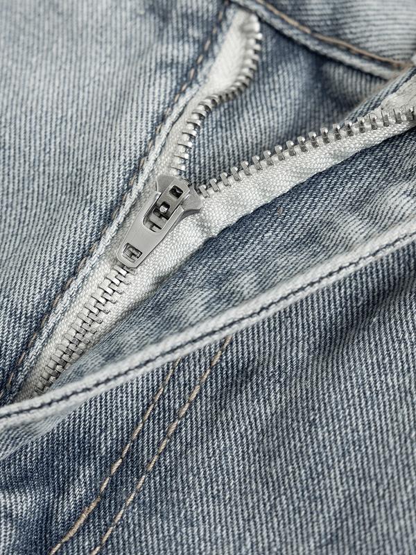 Men's retro washed loose straight jeans, casual four-season street style, zipper placket, solid color pattern, daily wear denim trousers