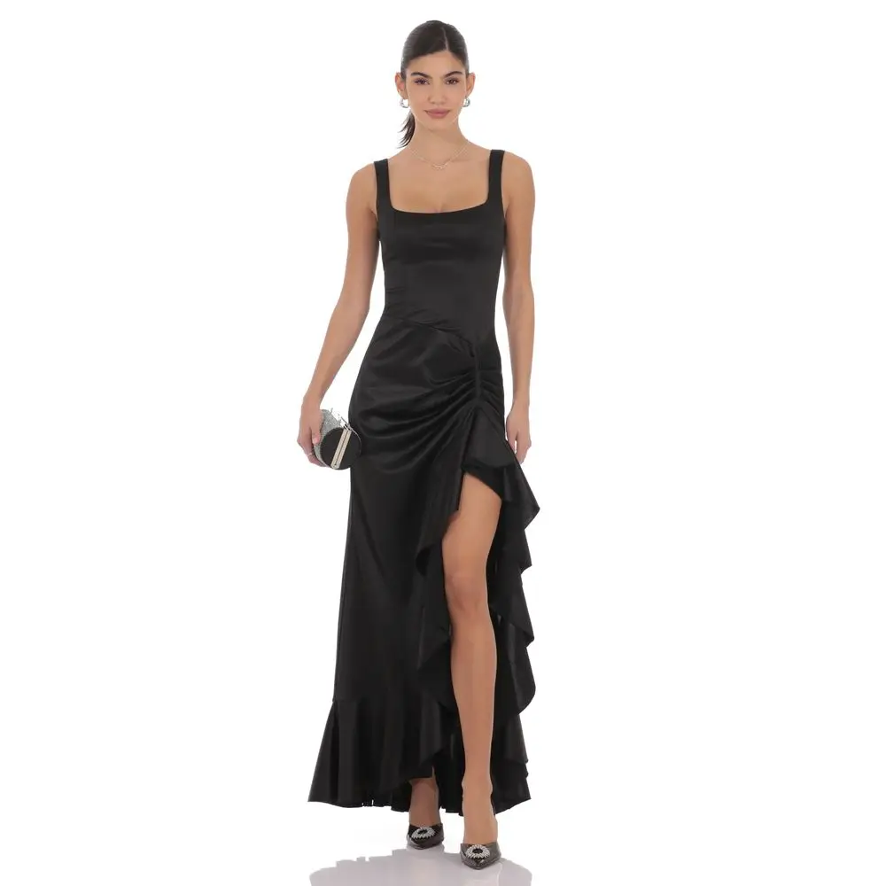 Satin Ruched Ruffle Slit Maxi Dress in Black