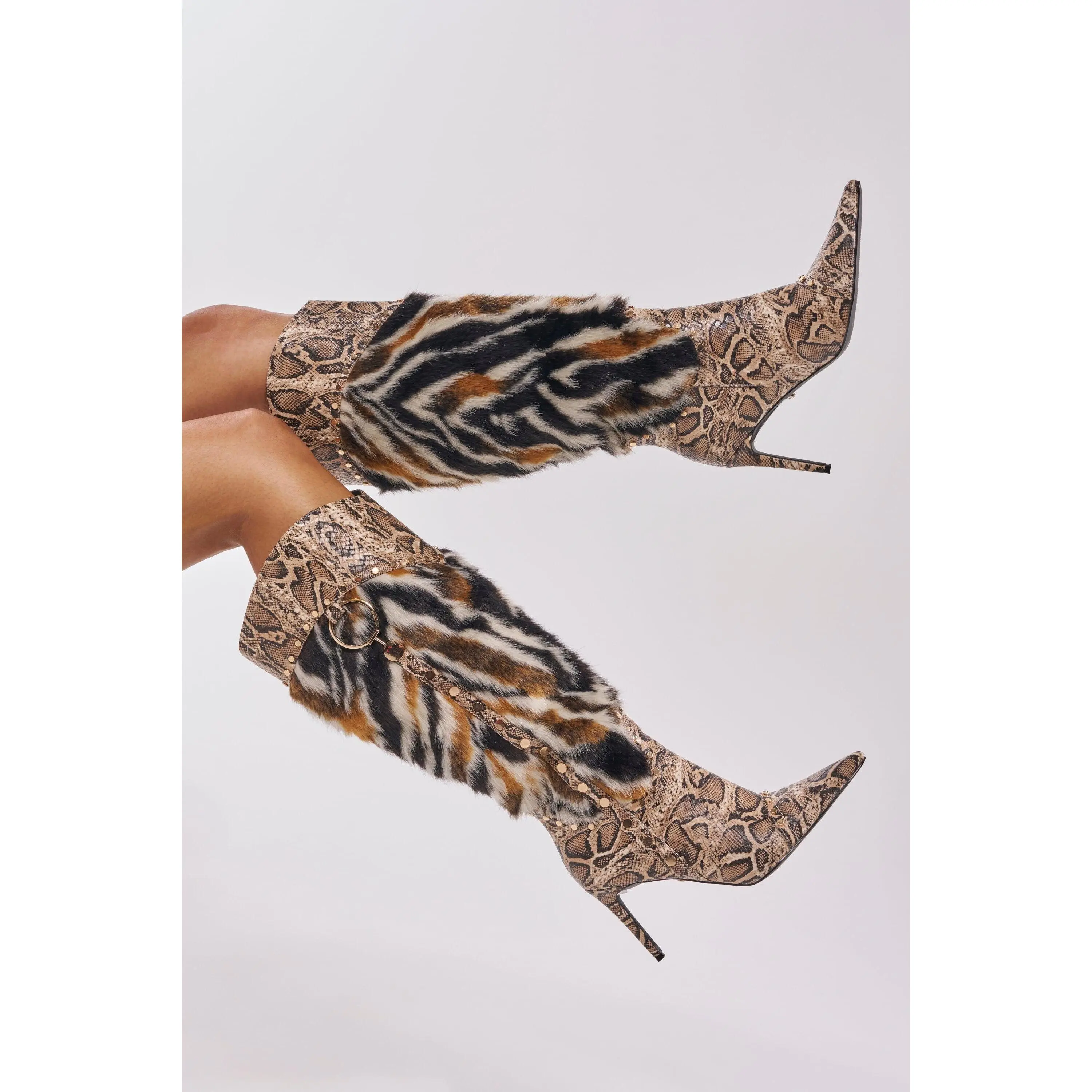 AZALEA WANG ALISETTE SNAKE MULTI FUR STILETTO BOOT