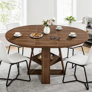 43.3in-59in Extendable Round Dining Table for 4-8, Expandable Oval Kitchen Table with Storage Shelf, Modern Circular Dinner Table with Sturdy V-Shaped Legs for Small Space, Living Room, Restaurant