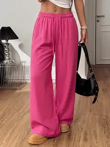 Women’s solid-color wide-leg pants — lightweight for summer, elastic drawstring, drapey loose casual long trousers