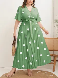 Women's Summer New Plus Size Polka Dot Pleated Belted Waist Short Sleeve Dress, Elegant Casual Wear for Daily Commute, Dates, Light Vacation, Casual Chic Dress