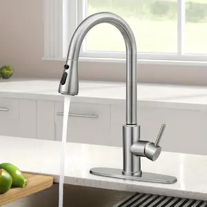Kitchen Faucet with Pull Down Sprayer, Stainless Steel Single Handle Sink Tap, 360° Swivel High Arc Faucet for Kitchen Sink, Modern Brushed Nickel Mixer Tap