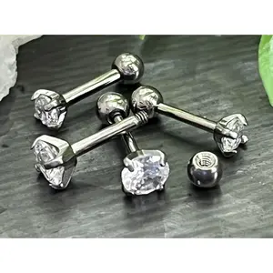 1 Piece Stunning Implant Grade Titanium Tragus Stud Prong Set Gem Cartilage Barbell Ring- 16g or 18g, 3mm or 4mm Crystal Gem Size!