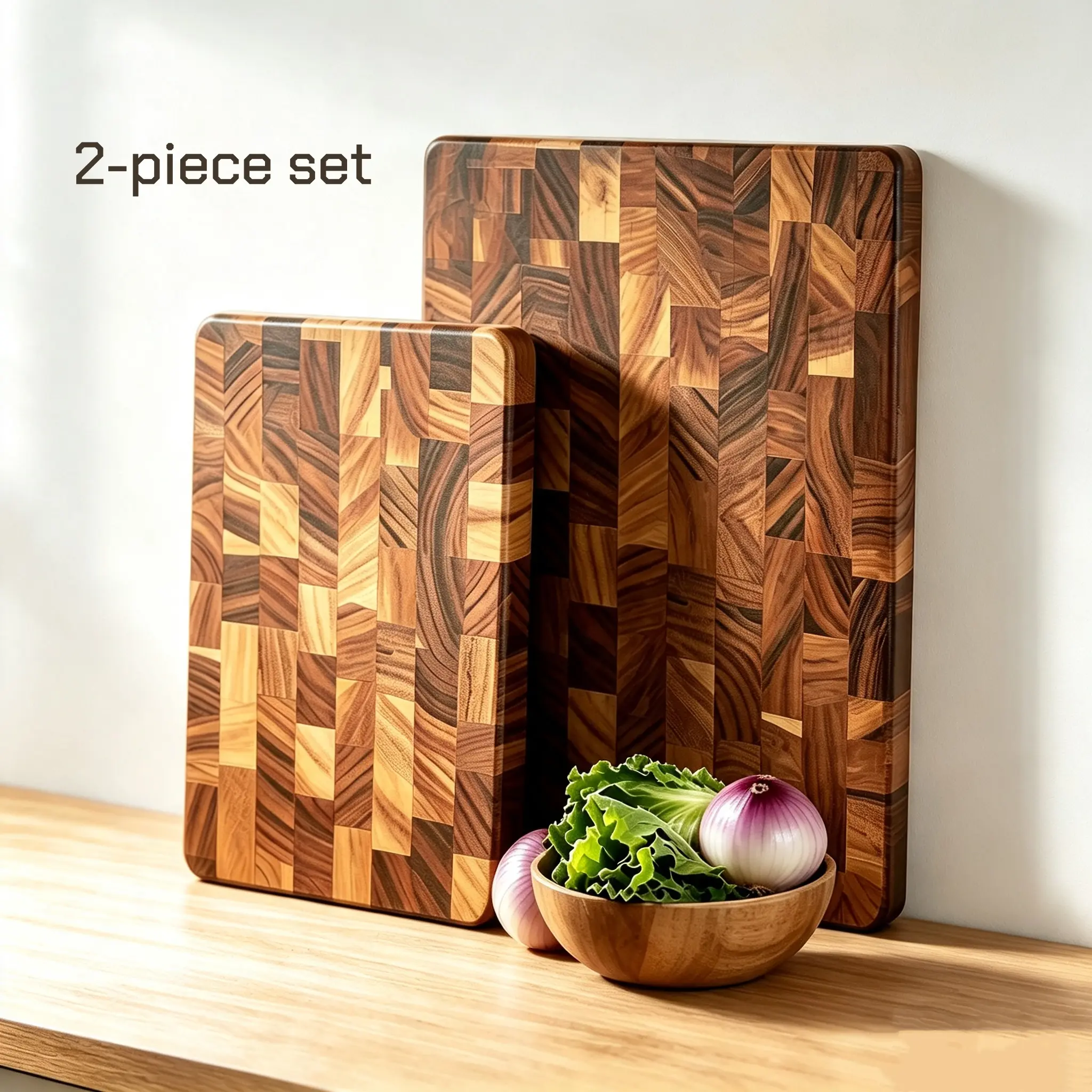 2-piece set of rectangular acacia wood cutting boards, handcrafted with a checkered maple pattern. Durable kitchen tools for sorting and slicing meat, perfect for home cooks and as a gift, long-lasting cutting boards.