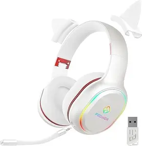 Wireless Gaming Headset for PS5 PS4 PC W3 USB Dongle Low Latency Bluetooth, Headphones with Detachable Mic, Mute Function, RGB, Immersive 4D, Cute White Cat Ear Headset for Girls Audio Earbud Mobile Charging Electronic Cable